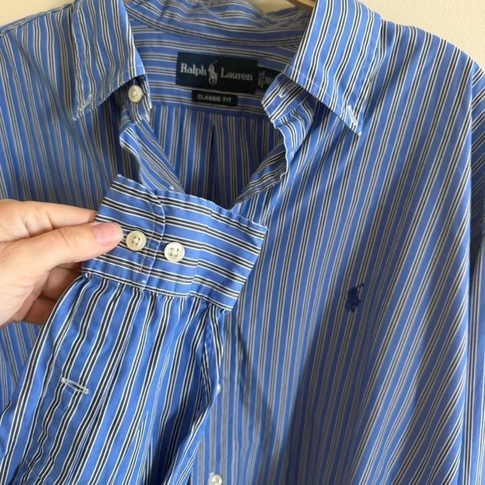 Polo Ralph Lauren Shirt Mens 16.5 L White Blue‎ Stripe Regent Classic Fit Preppy